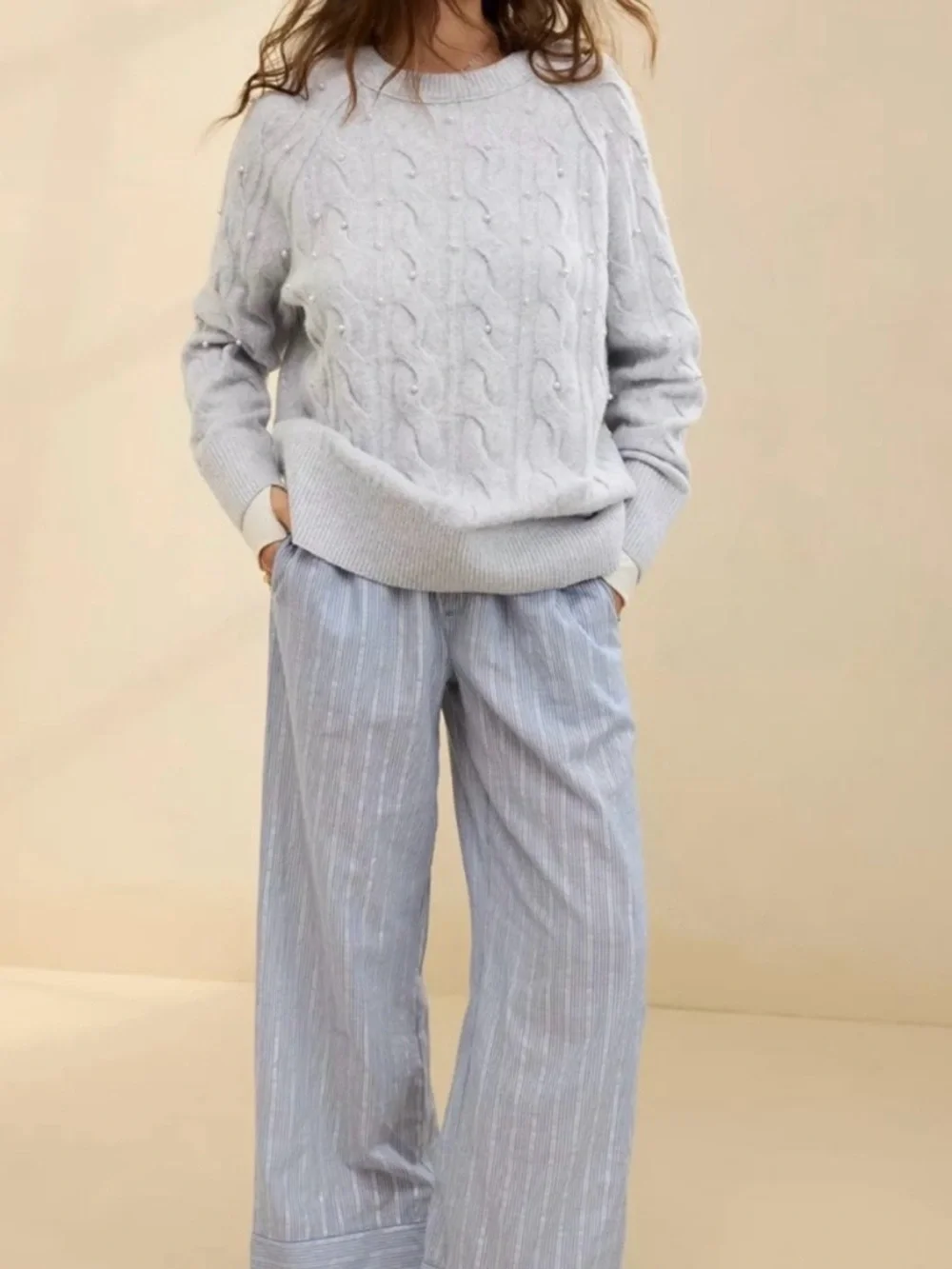 aerie unReal Light Gray Pearl-Embellished Cable Crewneck Sweater - Picture 2 of 12